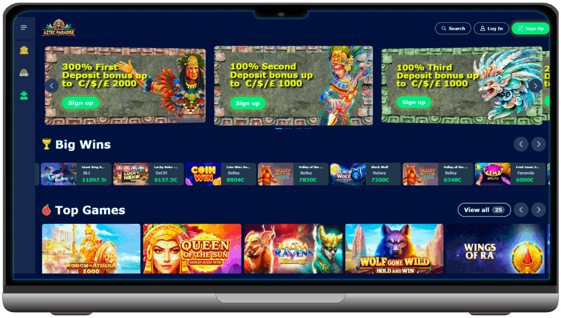 Screenshot of Aztec Paradise Casino main page