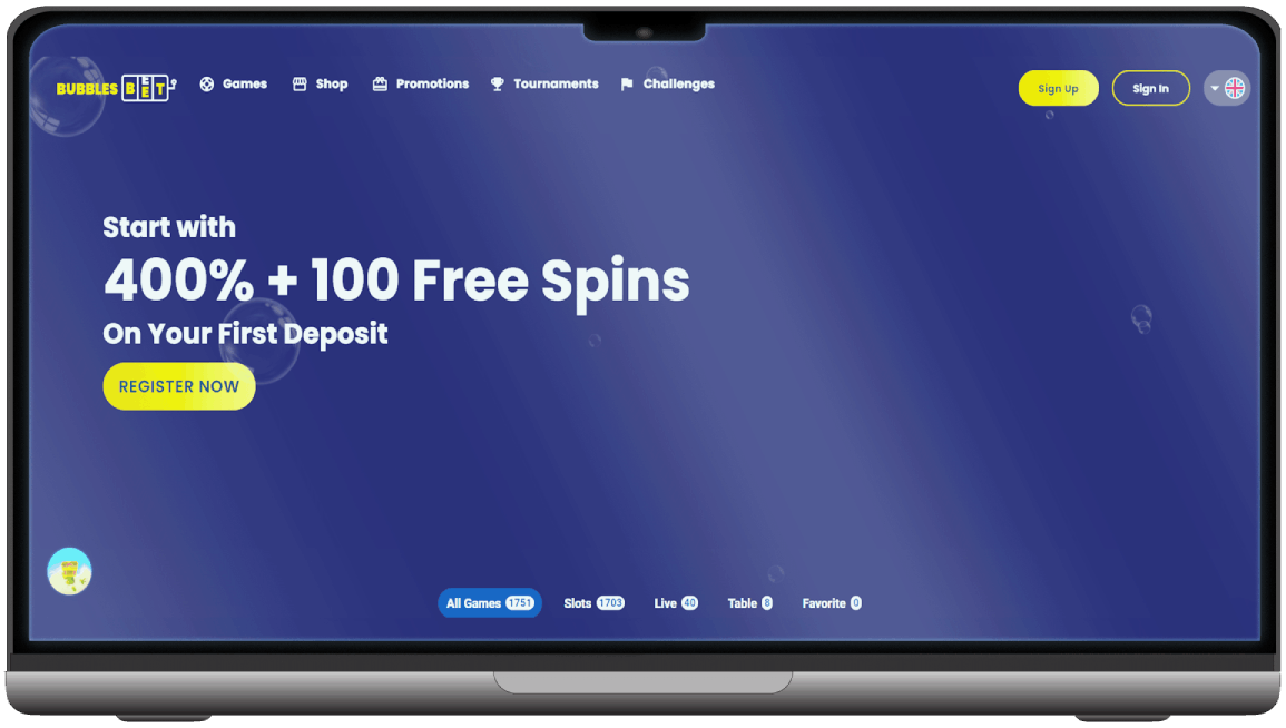Screenshot of Bubbles Bet Casino main page
