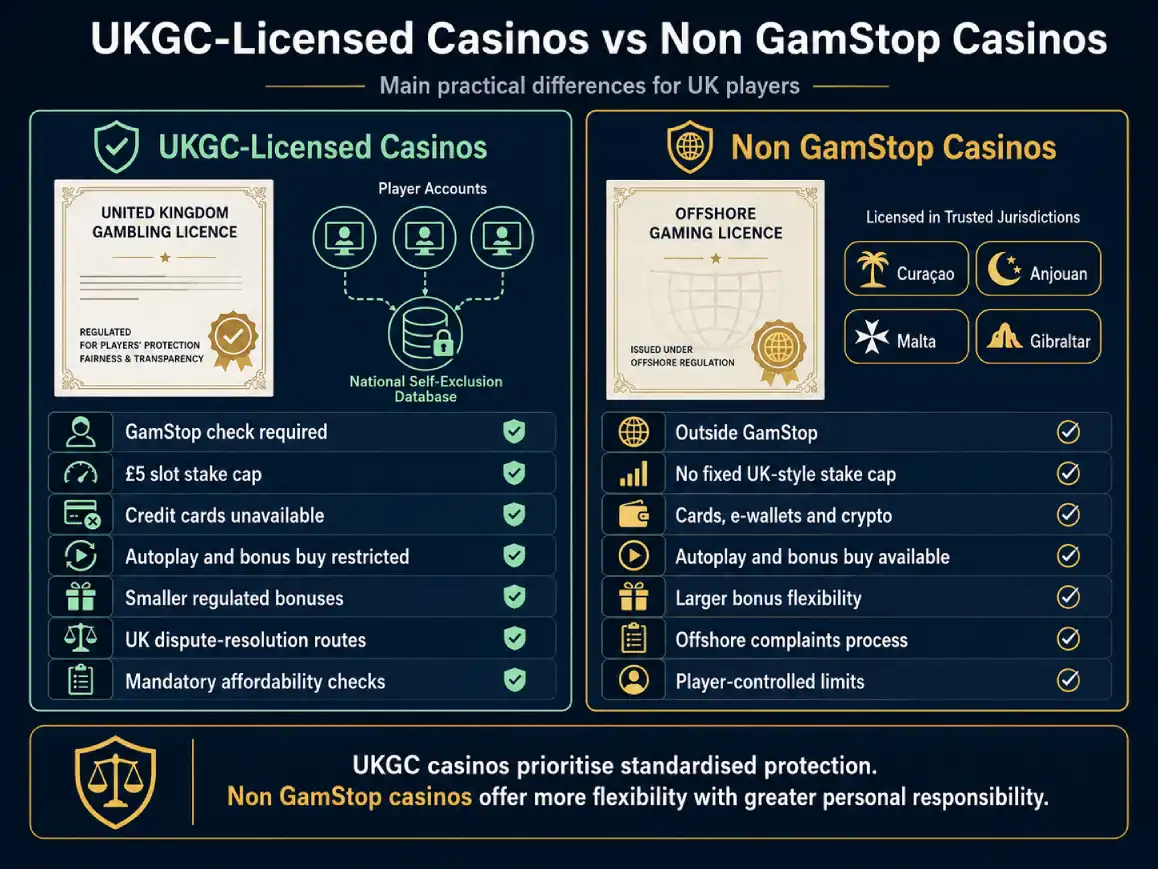 Non GamStop casinos UK comparison with UKGC sites covering regulation, payments, bonuses, limits and player protection.