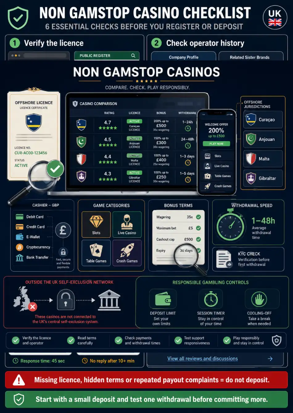 Non GamStop casinos UK safety checklist covering licences, bonus terms, payments, support and withdrawal history.