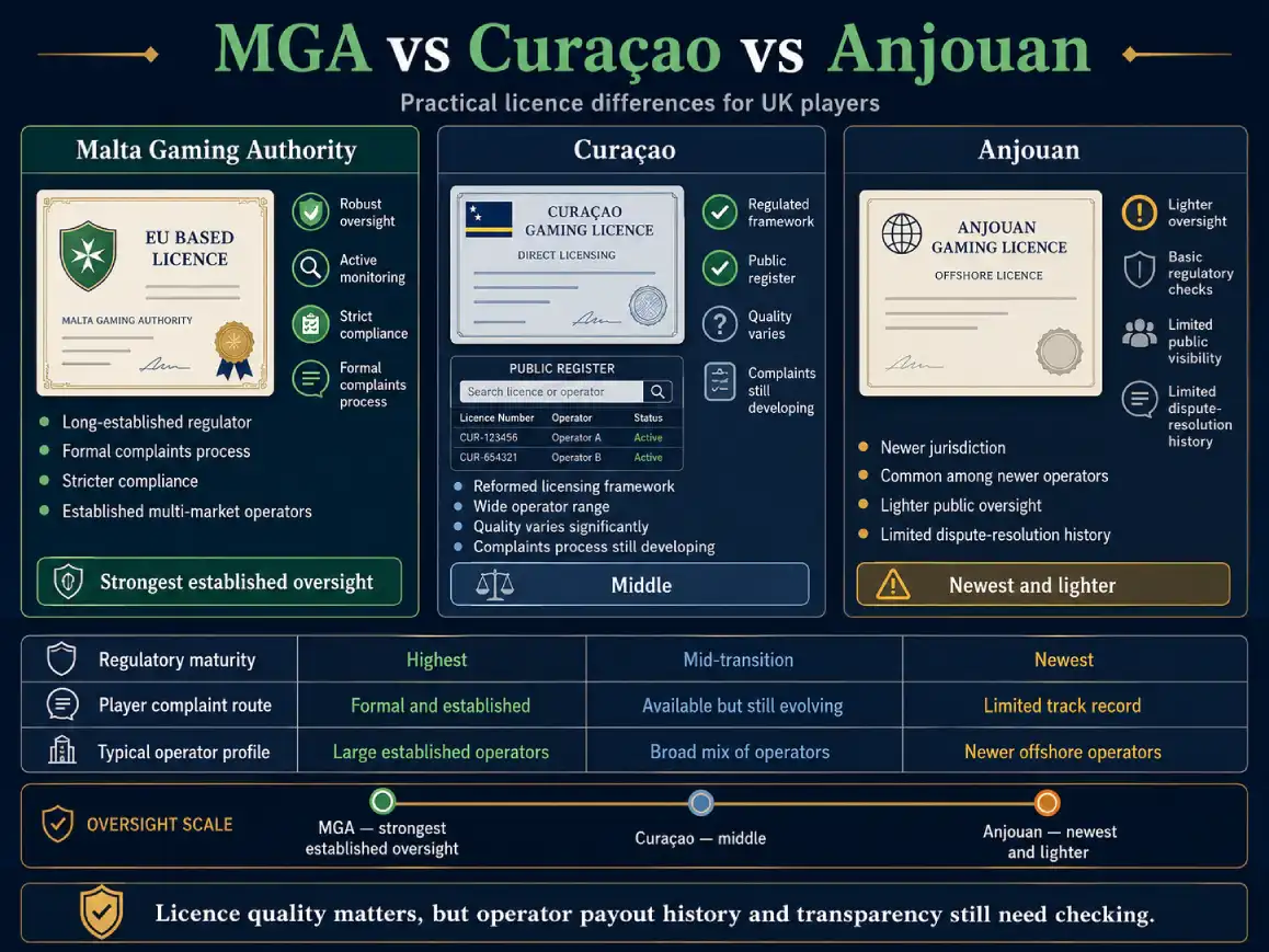 Malta online casinos not on GamStop comparison of MGA, Curaçao and Anjouan licensing standards and complaint routes.