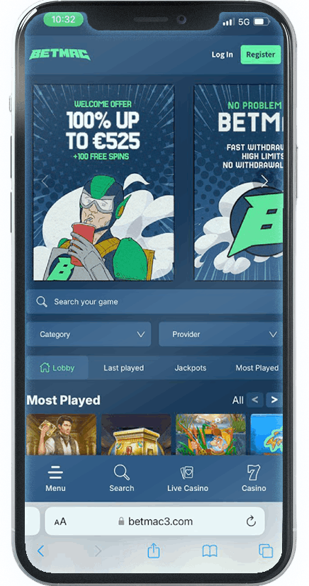 Screenshot of Betmac Mobile Casino homepage (mobile view)