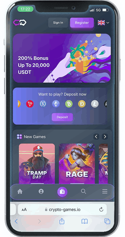 Crypto Games io mobile homepage showing 200% to 20,000 USDT bonus banner and login menu