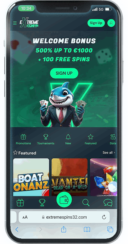 Screenshot of Extreme Spins Mobile Casino homepage (mobile view)