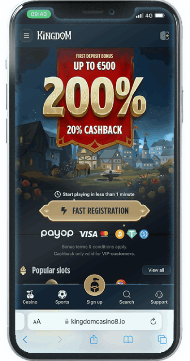 Screenshot of Kingdom Mobile Casino homepage (mobile view)