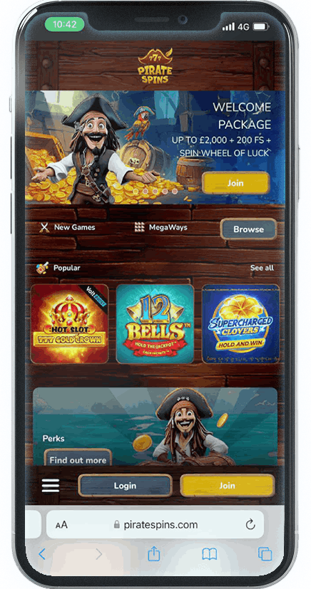 Screenshot of Pirate Spins Mobile Casino homepage (mobile view)