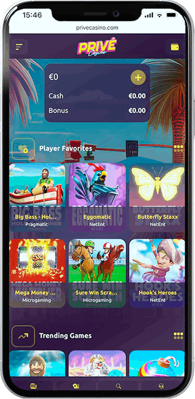 Screenshot of Prive Casino Mobile on mobile phone