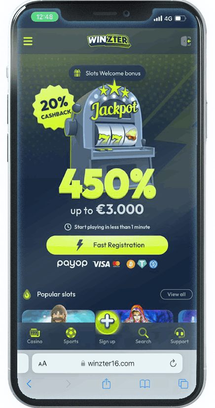 Mobile screenshot: Winzter casino portrait view with burger menu, search and featured games