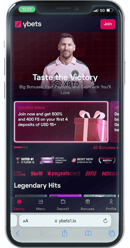 Screenshot of Ybets Mobile Casino homepage (mobile view)