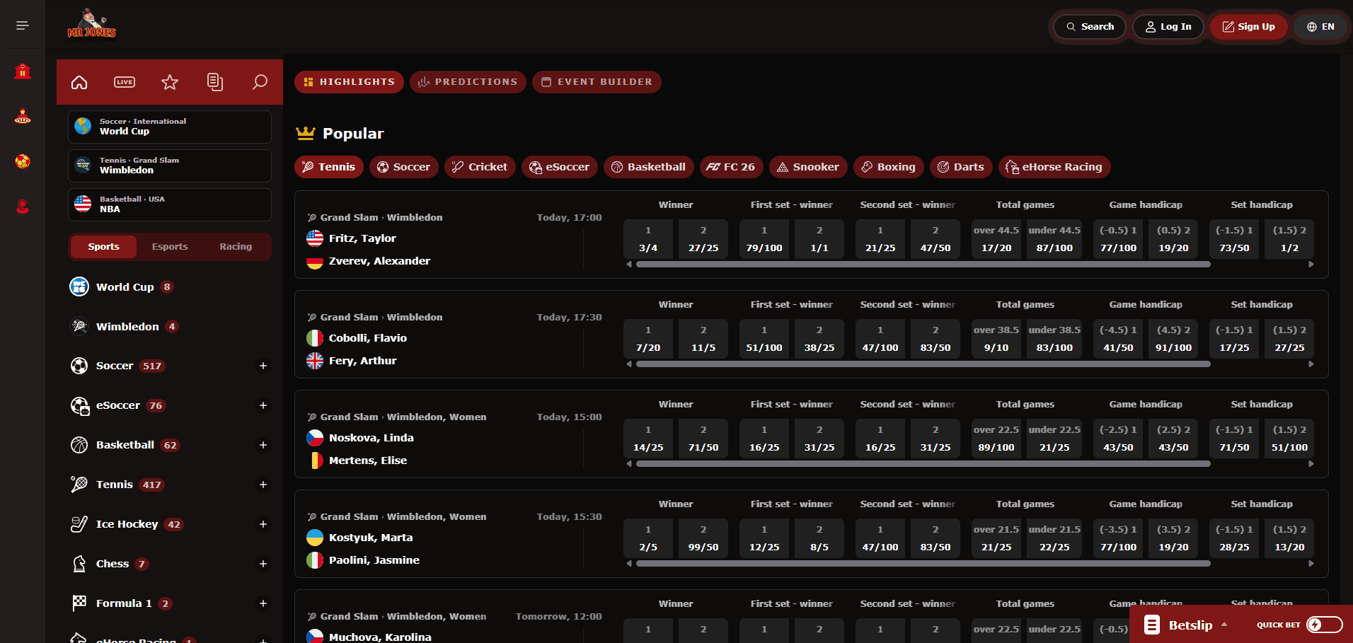 Screenshot of MrJones Casino Sport Betting Section (desktop view)