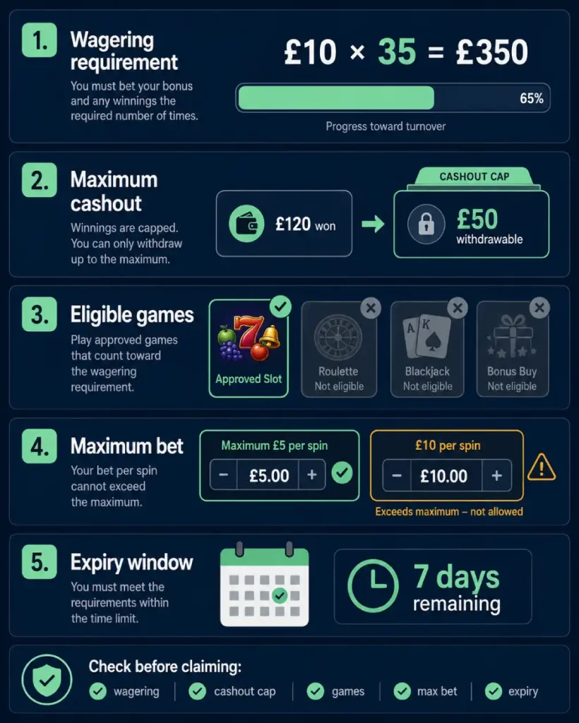 Five no deposit bonus terms covering wagering, maximum cashout, eligible games, maximum bets and expiry limits.