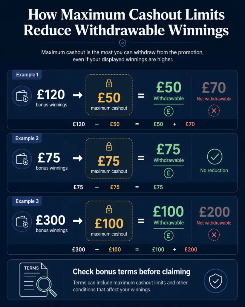 Maximum cashout examples showing how bonus winnings can be reduced before withdrawal.