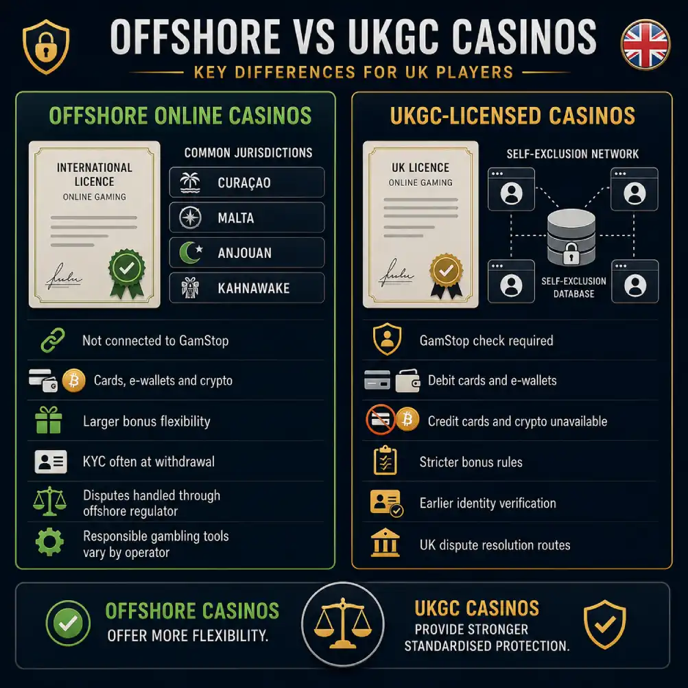 Offshore online casinos compared with UKGC sites by licensing, GamStop, payments, bonuses and player protection.