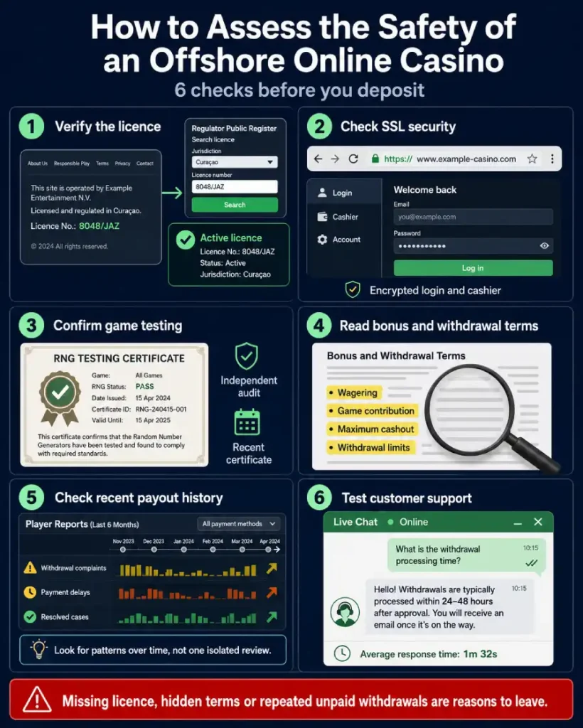 Offshore online casinos safety checklist covering licences, SSL, RNG testing, bonus terms and payout history.