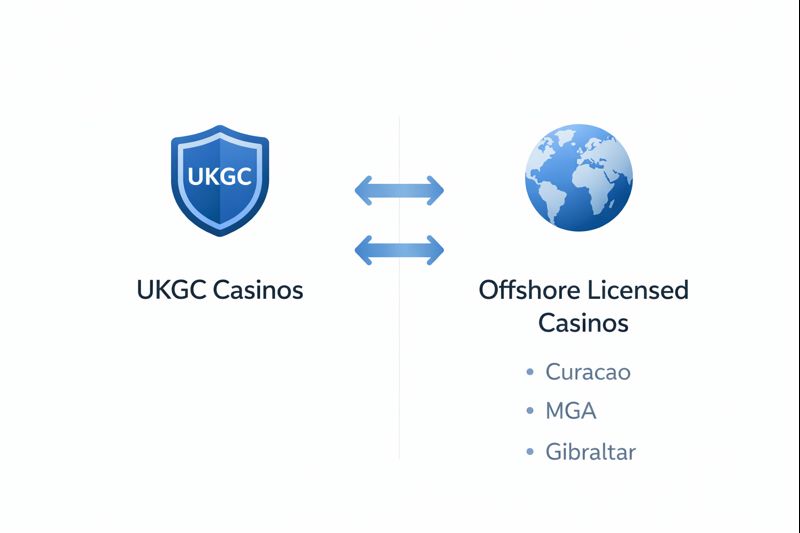Infographic comparing UKGC restrictions with offshore casinos benefits for UK players.
