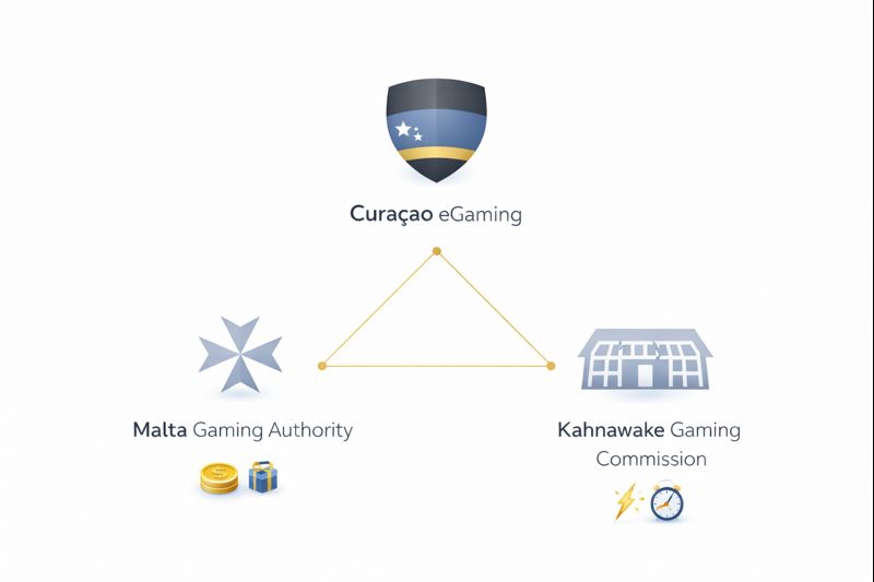 Minimalist infographic showing Curaçao eGaming, Malta Gaming Authority, and Kahnawake Gaming Commission as a licensing triangle for offshore casinos.