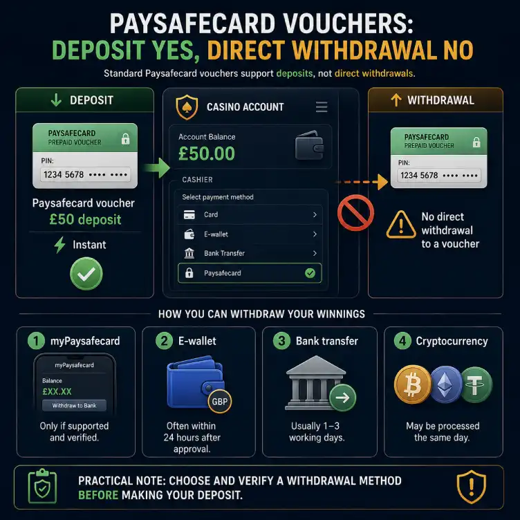 Paysafecard casinos UK payment flow showing voucher deposits and alternative methods for withdrawing winnings.