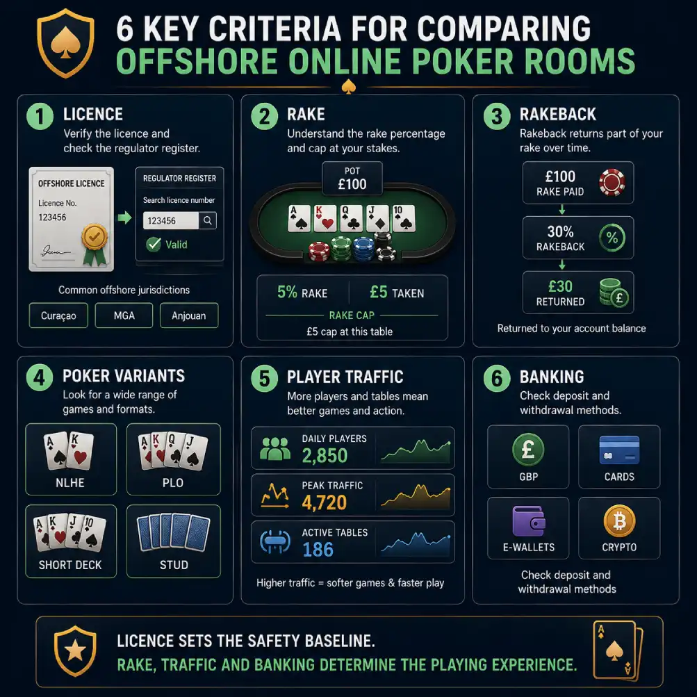 Poker sites not on GamStop comparison covering licences, rake, rakeback, traffic, variants and banking.