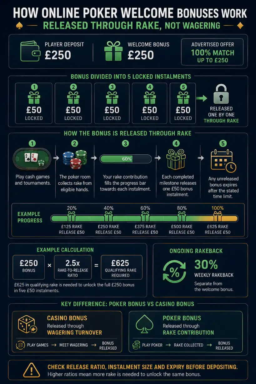 Poker sites not on GamStop bonus example showing how deposit matches are released through rake contribution.