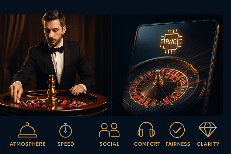 Split graphic: real croupier on left, digital RNG wheel on right, with icons for Atmosphere · Speed · Social.
