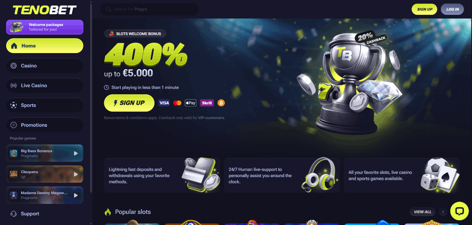Tenobet main page site screenshot
