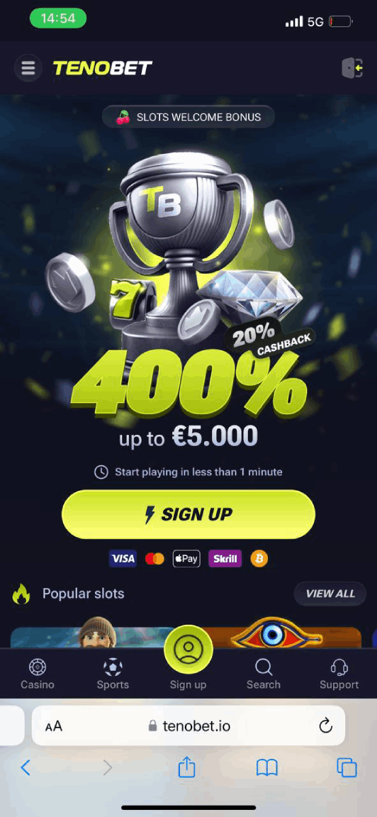 Screenshot of TenoBet Mobile Casino homepage (mobile view)