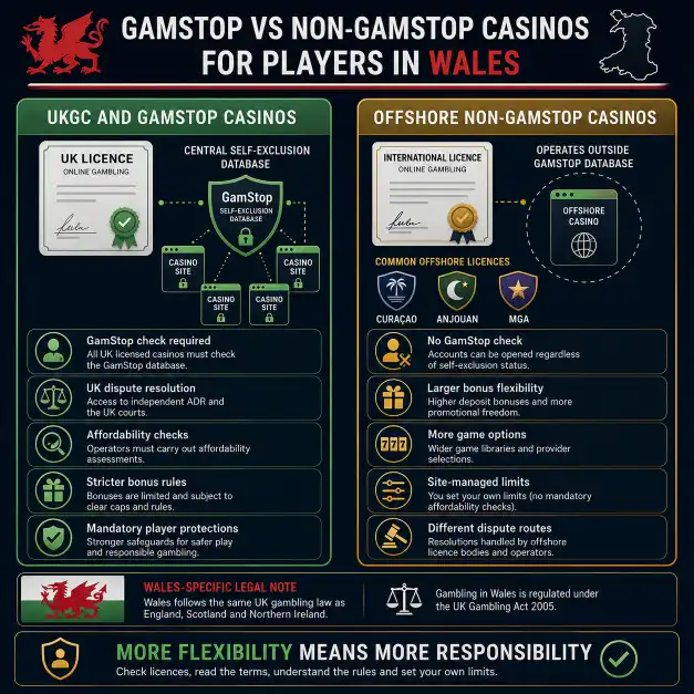 Welsh casinos not on GamStop compared with UKGC casinos by regulation, bonuses and player protection.