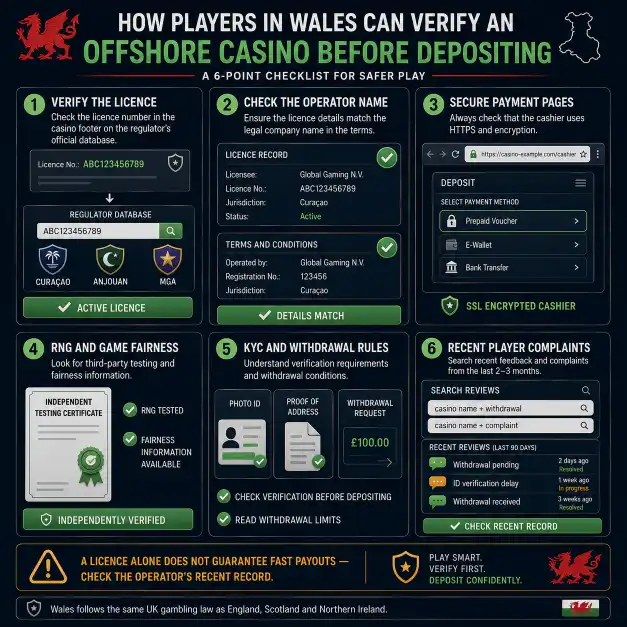 Welsh casinos not on GamStop safety checklist covering licences, SSL, RNG, KYC and payout complaints.