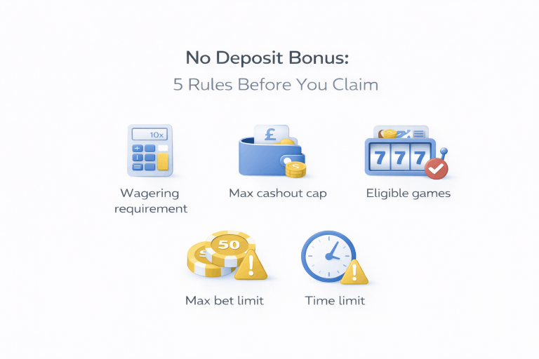 Checklist of key no deposit bonus terms: wagering, max cashout, max bet, expiry, eligible games.
